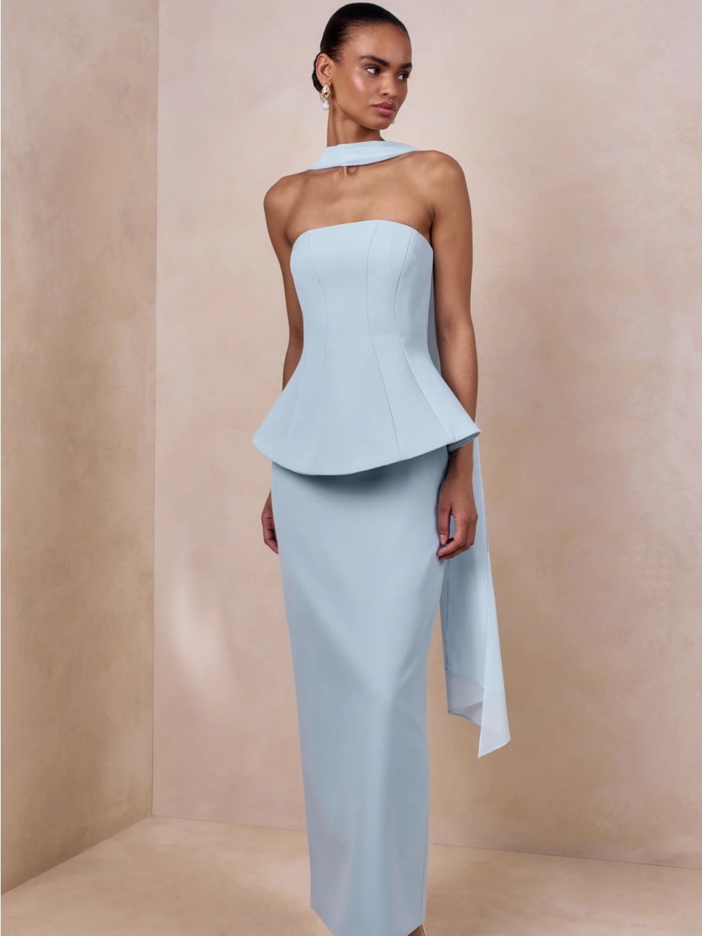 Strapless Light Blue Evening Gown with Structured Bodice
